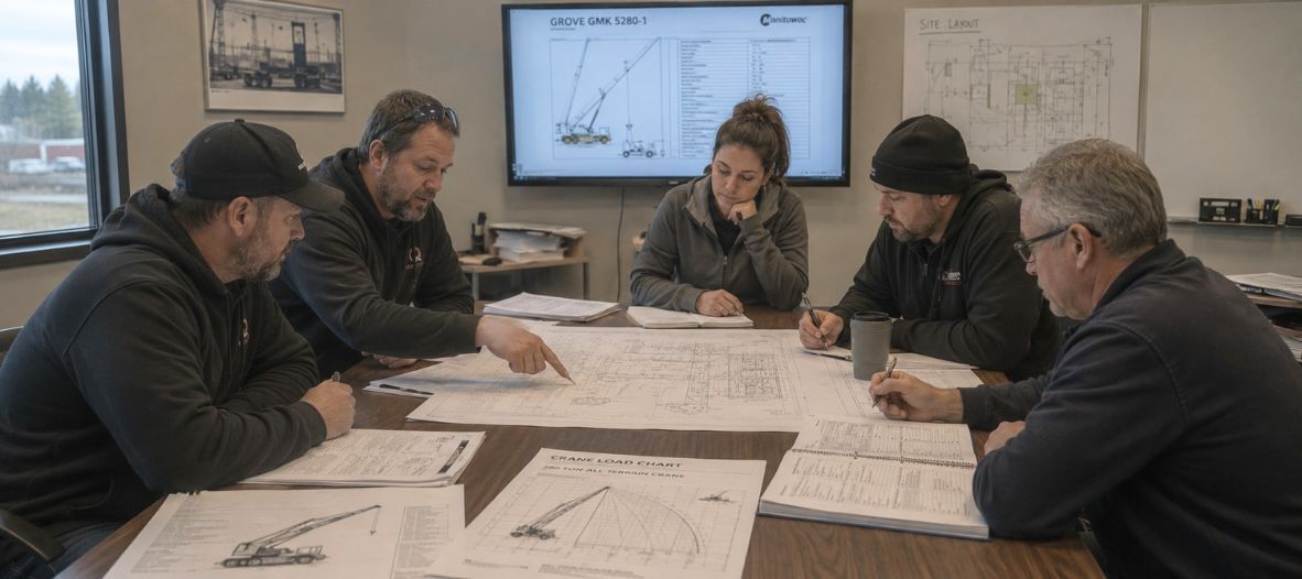 Engineers and project managers reviewing lift plans and crane load charts during a contract lifting services planning meeting.